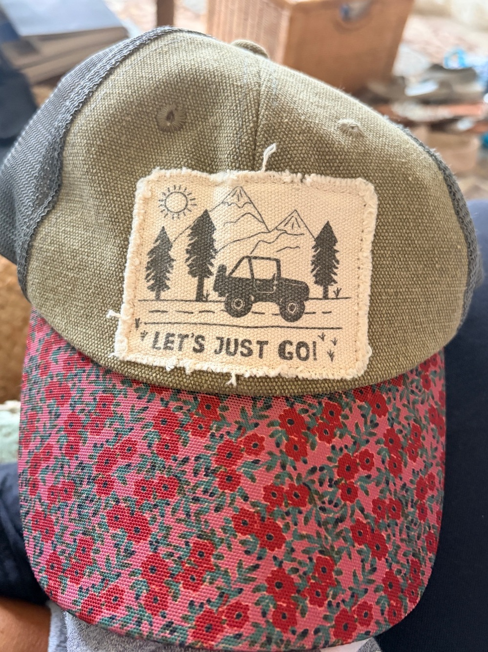 Natural Life Floral Brim Trucker Hat - Red & Green Pattern